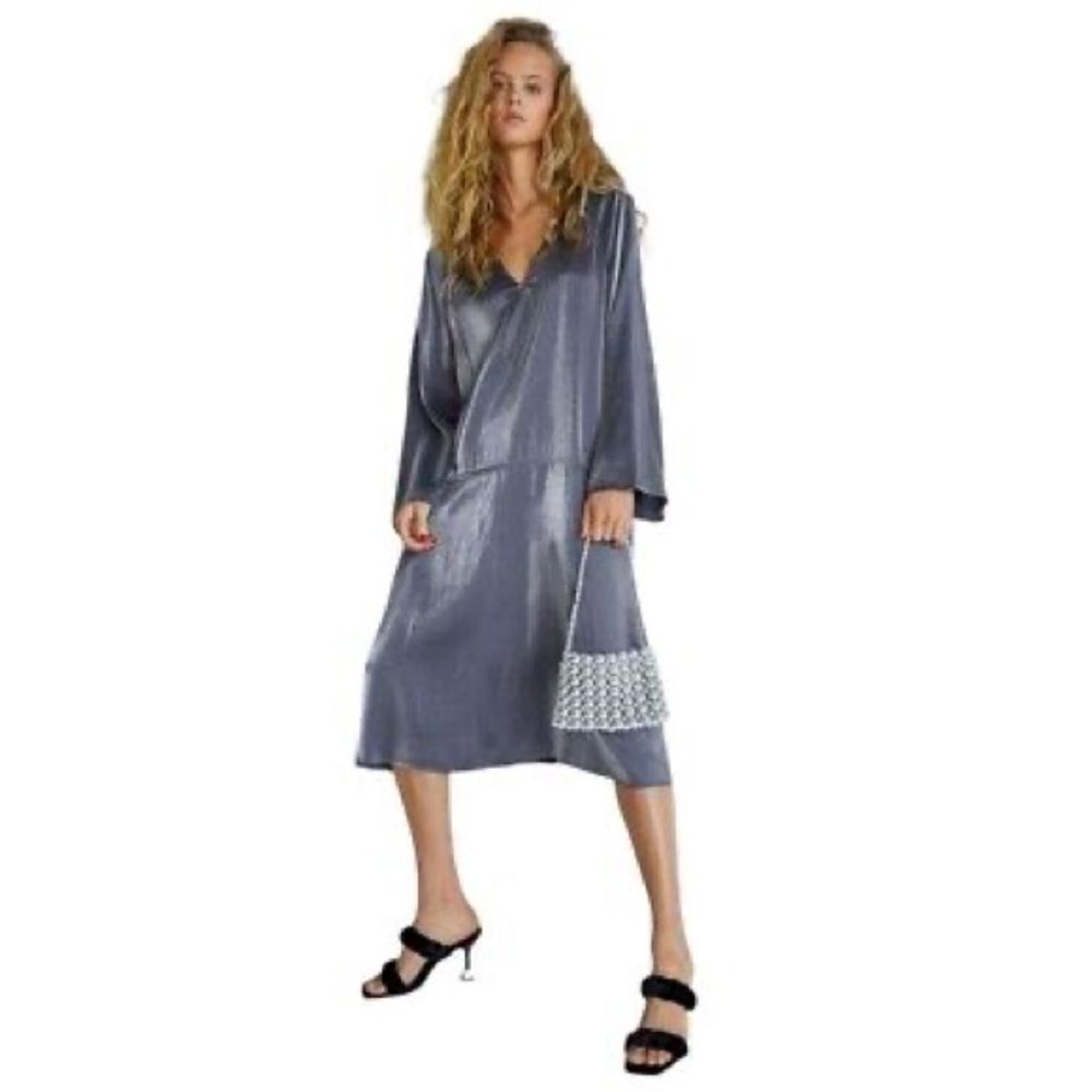 H&M High-sheen Midi Long Sleeve Disco Midi Dress Dark Gray XS NWOT